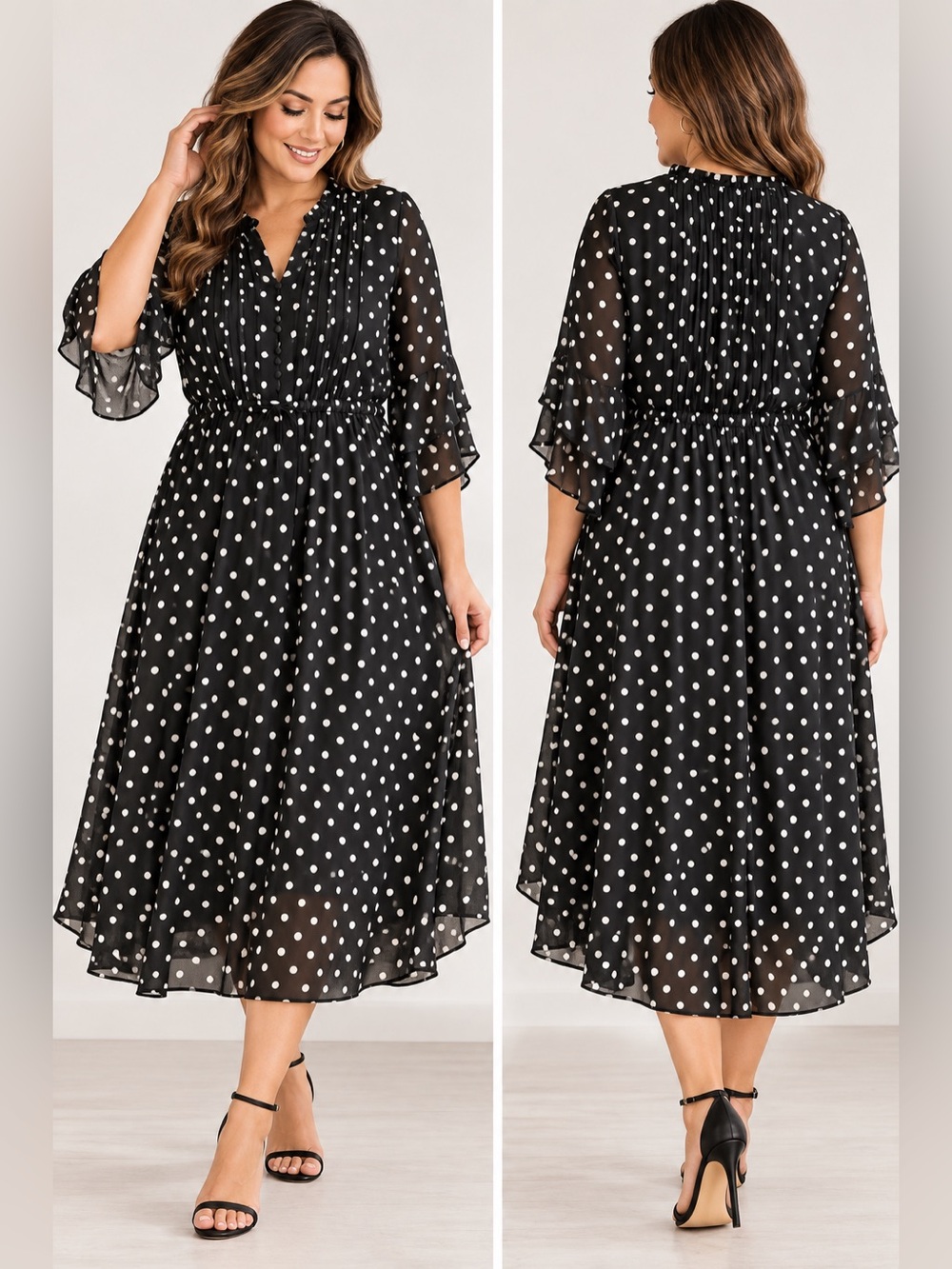 Torrid Size 5 Plus Black White Polka Dot Midi Dress Ruffle Pleated Flowy.